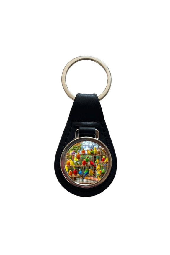 Bird Cage with Canaries Metal Black Leather Keychain
