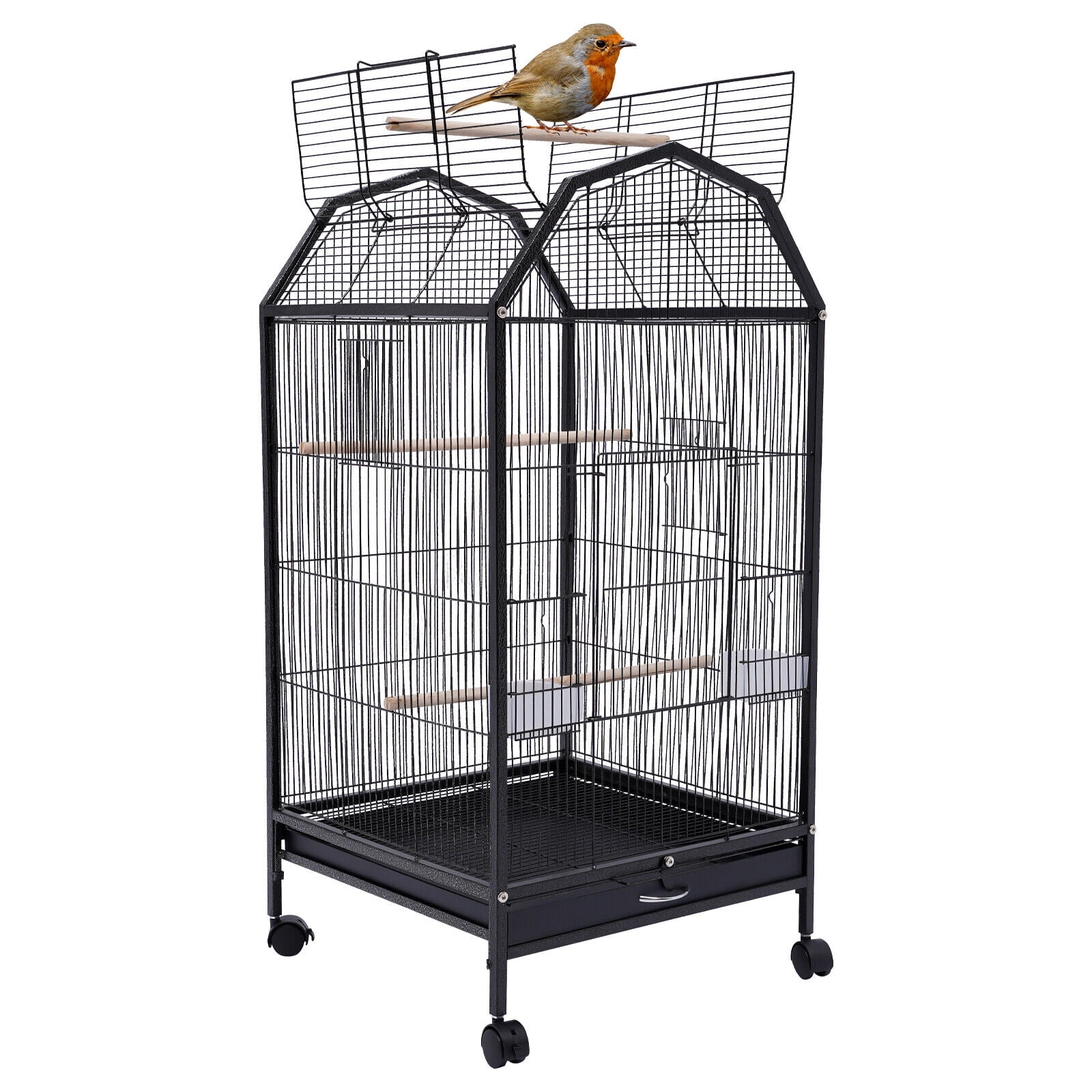 Black Iron Bird Cage with Rolling Stand and Skylight