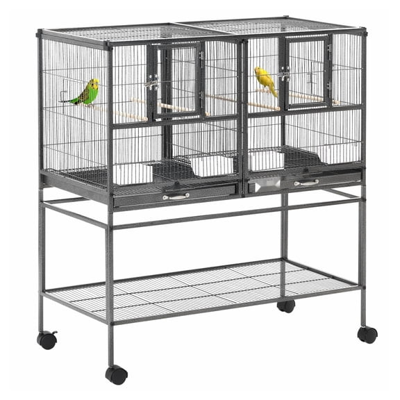 Bird Cage with Rolling Stand - Divided Breeder Cage for Conures, Parakeets, Finches - Metal Tray & Perches