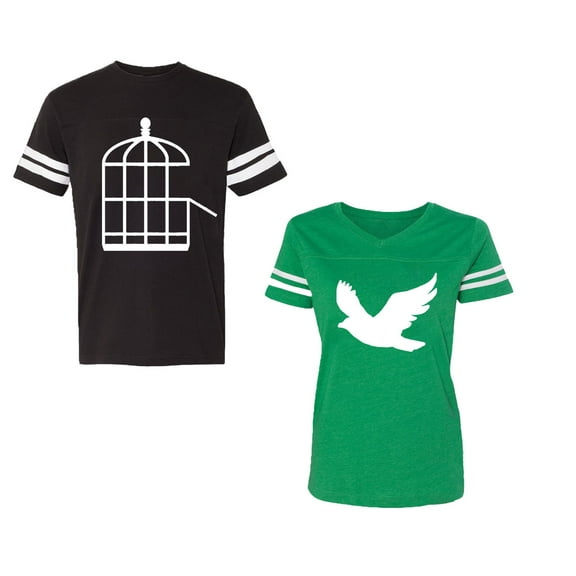Bird CageUnisex Couple Matching Cotton Jersey style T-Shirt Contrasting stripes on sleeves (Men Black / Women Green) (Men XXL / Women XL)