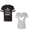 thumbnail image 1 of Bird CageUnisex Couple Matching Cotton Jersey style T-Shirt Contrasting stripes on sleeves (Men Black / Women Heather) (Men M / Women S), 1 of 3