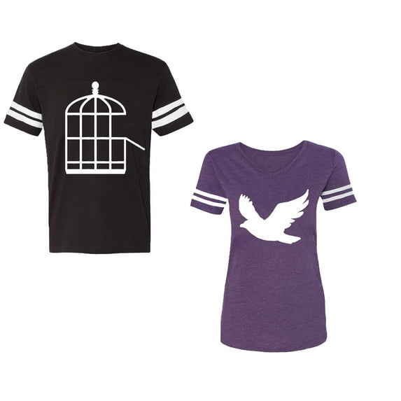 Bird CageUnisex Couple Matching Cotton Jersey style T-Shirt Contrasting stripes on sleeves (Men Black / Women Purple) (Men XXL / Women M)
