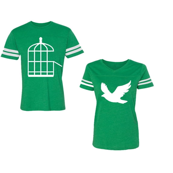 Bird CageUnisex Couple Matching Cotton Jersey style T-Shirt Contrasting stripes on sleeves (Men Green / Women Green) (Men XXXL / Women XXL)