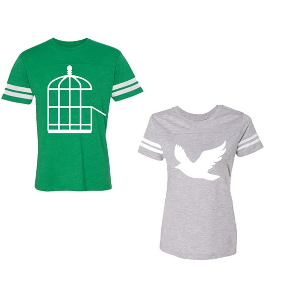 Bird CageUnisex Couple Matching Cotton Jersey style T-Shirt Contrasting stripes on sleeves (Men Green / Women Heather) (Men S / Women XXL)