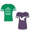 thumbnail image 1 of Bird CageUnisex Couple Matching Cotton Jersey style T-Shirt Contrasting stripes on sleeves (Men Green / Women Purple) (Men L / Women XL), 1 of 3