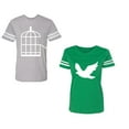 thumbnail image 1 of Bird CageUnisex Couple Matching Cotton Jersey style T-Shirt Contrasting stripes on sleeves (Men Heather / Women Green) (Men XXL / Women S), 1 of 3