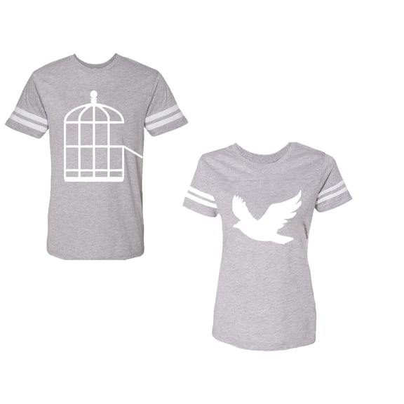 Bird CageUnisex Couple Matching Cotton Jersey style T-Shirt Contrasting stripes on sleeves (Men Heather / Women Heather) (Men L / Women M)