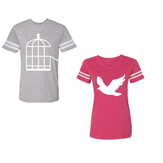 Bird CageUnisex Couple Matching Cotton Jersey style T-Shirt Contrasting stripes on sleeves (Men Heather / Women Pink) (Men XL / Women L)