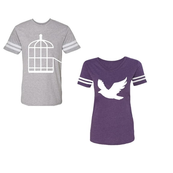 Bird CageUnisex Couple Matching Cotton Jersey style T-Shirt Contrasting stripes on sleeves (Men Heather / Women Purple) (Men L / Women XL)