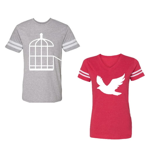 Bird CageUnisex Couple Matching Cotton Jersey style T-Shirt Contrasting stripes on sleeves (Men Heather / Women Red) (Men XXL / Women XL)