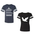 thumbnail image 1 of Bird CageUnisex Couple Matching Cotton Jersey style T-Shirt Contrasting stripes on sleeves (Men Navy / Women Black) (Men L / Women XL), 1 of 3
