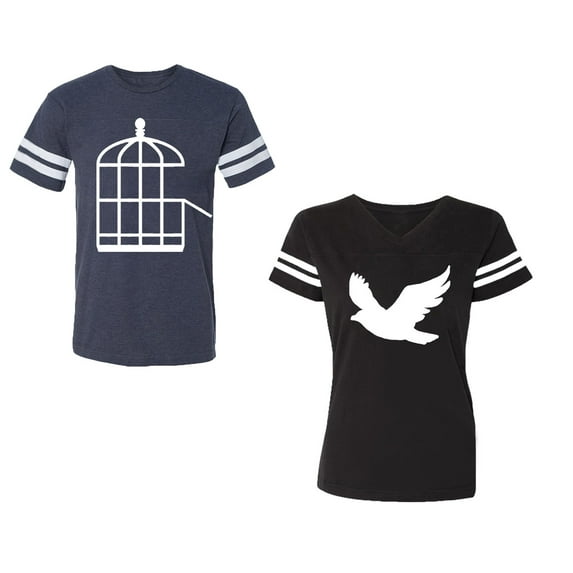 Bird CageUnisex Couple Matching Cotton Jersey style T-Shirt Contrasting stripes on sleeves (Men Navy / Women Black) (Men M / Women S)