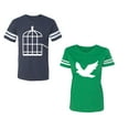 thumbnail image 1 of Bird CageUnisex Couple Matching Cotton Jersey style T-Shirt Contrasting stripes on sleeves (Men Navy / Women Green) (Men M / Women XL), 1 of 3