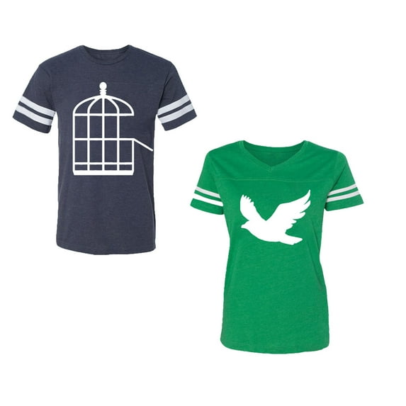 Bird CageUnisex Couple Matching Cotton Jersey style T-Shirt Contrasting stripes on sleeves (Men Navy / Women Green) (Men M / Women XL)