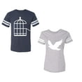 thumbnail image 1 of Bird CageUnisex Couple Matching Cotton Jersey style T-Shirt Contrasting stripes on sleeves (Men Navy / Women Heather) (Men XXL / Women L), 1 of 3