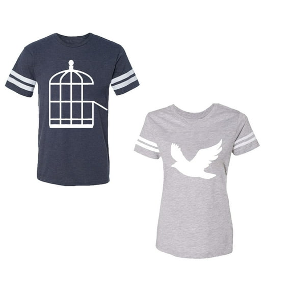 Bird CageUnisex Couple Matching Cotton Jersey style T-Shirt Contrasting stripes on sleeves (Men Navy / Women Heather) (Men XXL / Women L)