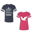 thumbnail image 1 of Bird CageUnisex Couple Matching Cotton Jersey style T-Shirt Contrasting stripes on sleeves (Men Navy / Women Pink) (Men L / Women XL), 1 of 3
