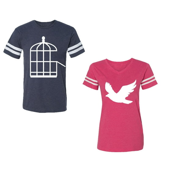 Bird CageUnisex Couple Matching Cotton Jersey style T-Shirt Contrasting stripes on sleeves (Men Navy / Women Pink) (Men XXL / Women M)