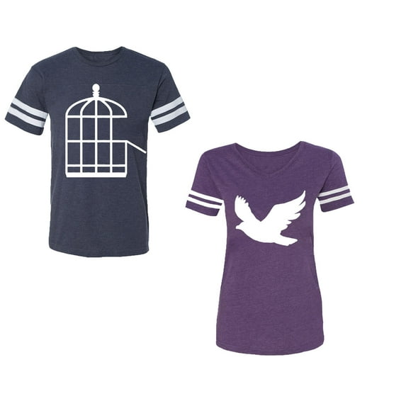 Bird CageUnisex Couple Matching Cotton Jersey style T-Shirt Contrasting stripes on sleeves (Men Navy / Women Purple) (Men L / Women XL)