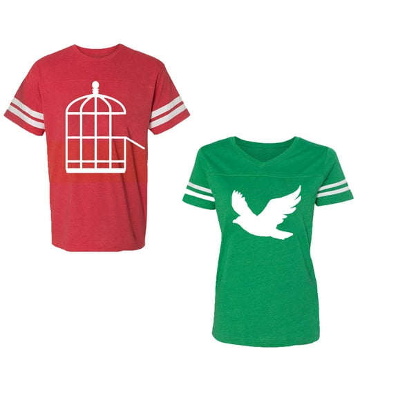 Bird CageUnisex Couple Matching Cotton Jersey style T-Shirt Contrasting stripes on sleeves (Men Red / Women Green) (Men M / Women XXL)