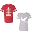 thumbnail image 1 of Bird CageUnisex Couple Matching Cotton Jersey style T-Shirt Contrasting stripes on sleeves (Men Red / Women Heather) (Men XXL / Women S), 1 of 3