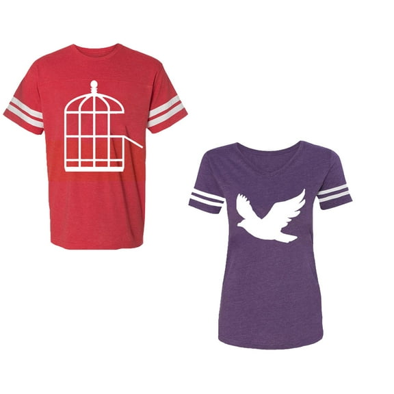 Bird CageUnisex Couple Matching Cotton Jersey style T-Shirt Contrasting stripes on sleeves (Men Red / Women Purple) (Men L / Women XXL)