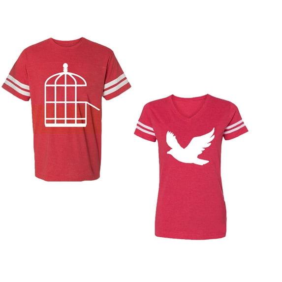 Bird CageUnisex Couple Matching Cotton Jersey style T-Shirt Contrasting stripes on sleeves (Men Red / Women Red) (Men L / Women XXL)