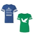 thumbnail image 1 of Bird CageUnisex Couple Matching Cotton Jersey style T-Shirt Contrasting stripes on sleeves (Men Royal / Women Green) (Men L / Women S), 1 of 3