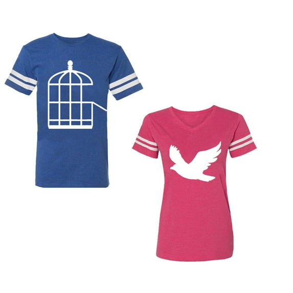 Bird CageUnisex Couple Matching Cotton Jersey style T-Shirt Contrasting stripes on sleeves (Men Royal / Women Pink) (Men XL / Women S)