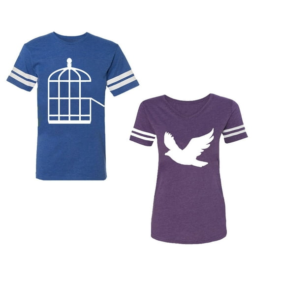 Bird CageUnisex Couple Matching Cotton Jersey style T-Shirt Contrasting stripes on sleeves (Men Royal / Women Purple) (Men M / Women S)