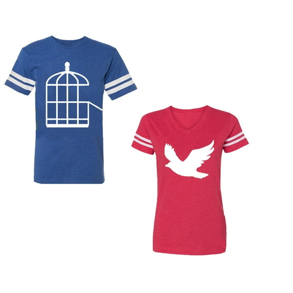 Bird CageUnisex Couple Matching Cotton Jersey style T-Shirt Contrasting stripes on sleeves (Men Royal / Women Red) (Men S / Women M)