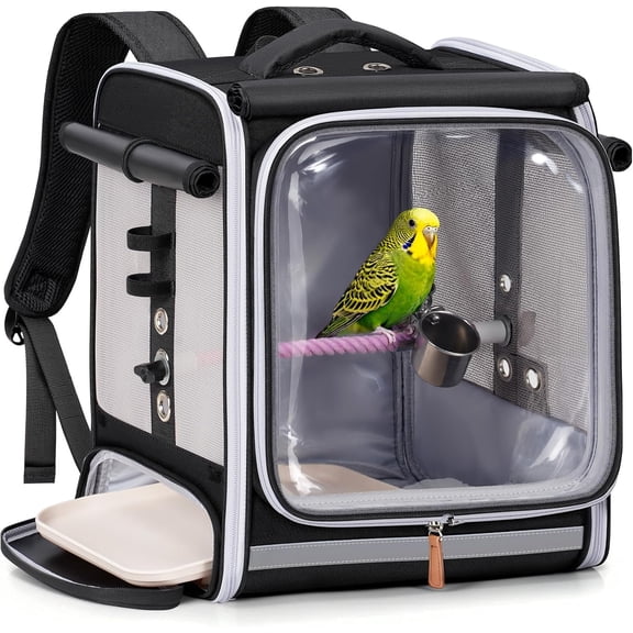 Bird Carrier Backpack for Small Birds, Cockatiel, Parrot, Bird Backpack with Tray and Standing Perch, Bird Travel Carrier Cage with Clear Window and Breathable Mesh Front for Vet Visits