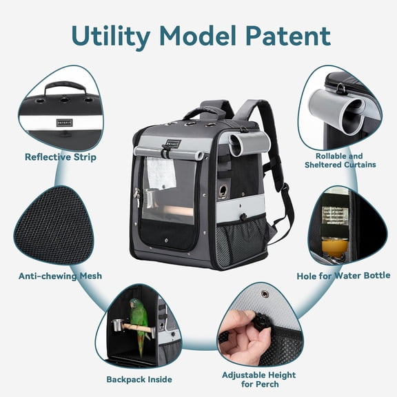 Bird Carrier with Shade Cover, Adjustable Height Standing Perch, 2 Feeder Bowls and Great Ventilation, Fit for Medium Sized Birds (Grey)