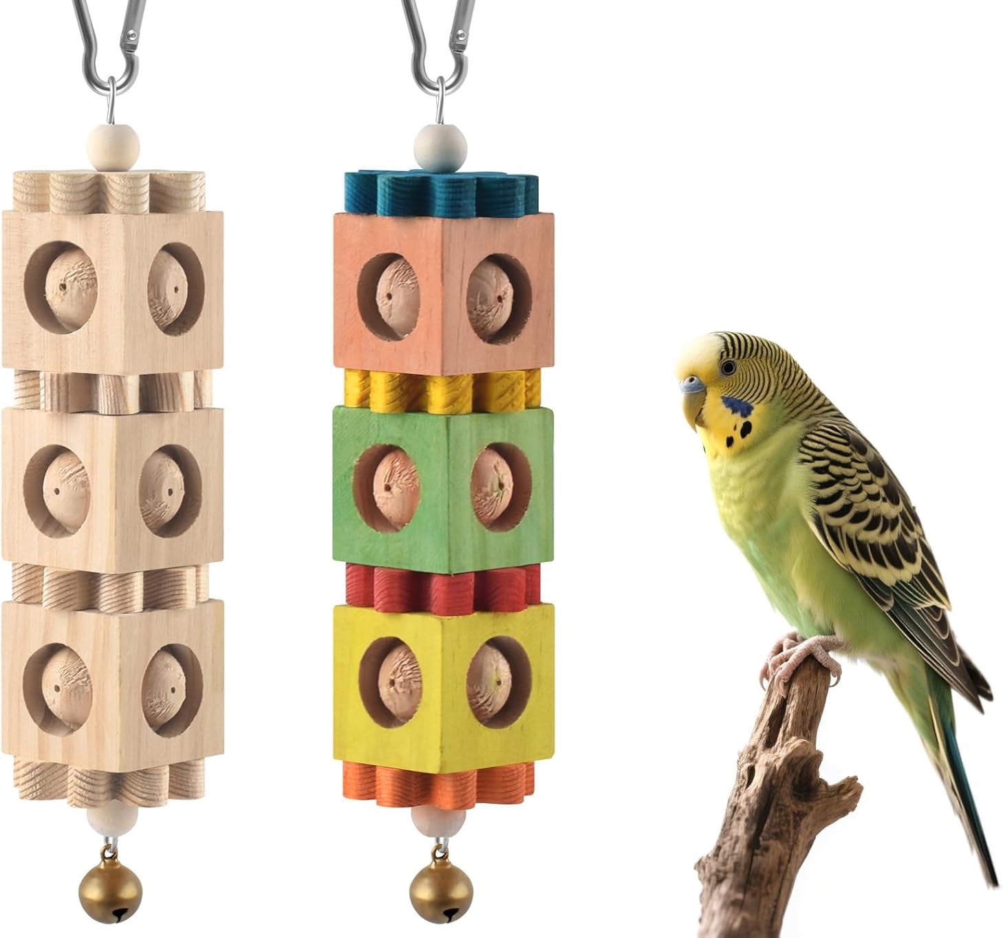 Bird Chew Toys, Hanging Rotating Wood Block with Bell Parrot Foraging Enrichment Toy