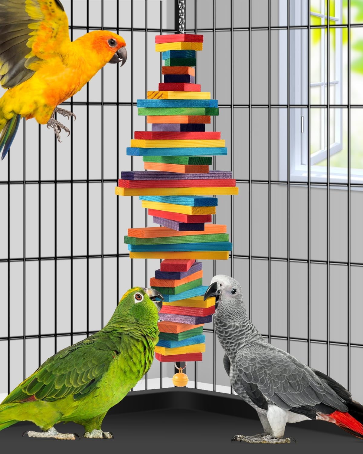 Bird Chew Toys, Multicolored Bagel Cascade Chewing Sticks Biting Wooden Blocks Toy for Parrots