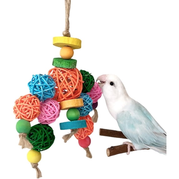 Bird Chewing Toy, Colorful Natural Wooden Beads Blocks Birds Parrot Tearing Toys with Rattan Wicker Balls for Budgie Lovebird Cockatiel Conures
