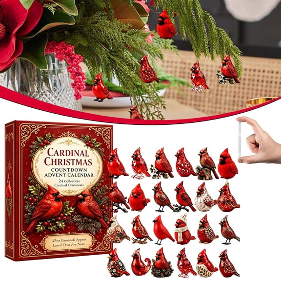Bird Christmas Advent Calendar Set, 24Pcs 2D Acrylic Cardinal Ornament Countdown Box, Red Bird Pendant Kit, Christmas Cardinal Hanging Ornament Set, Flat Bird Tree Decorations, Bird Lovers Gift