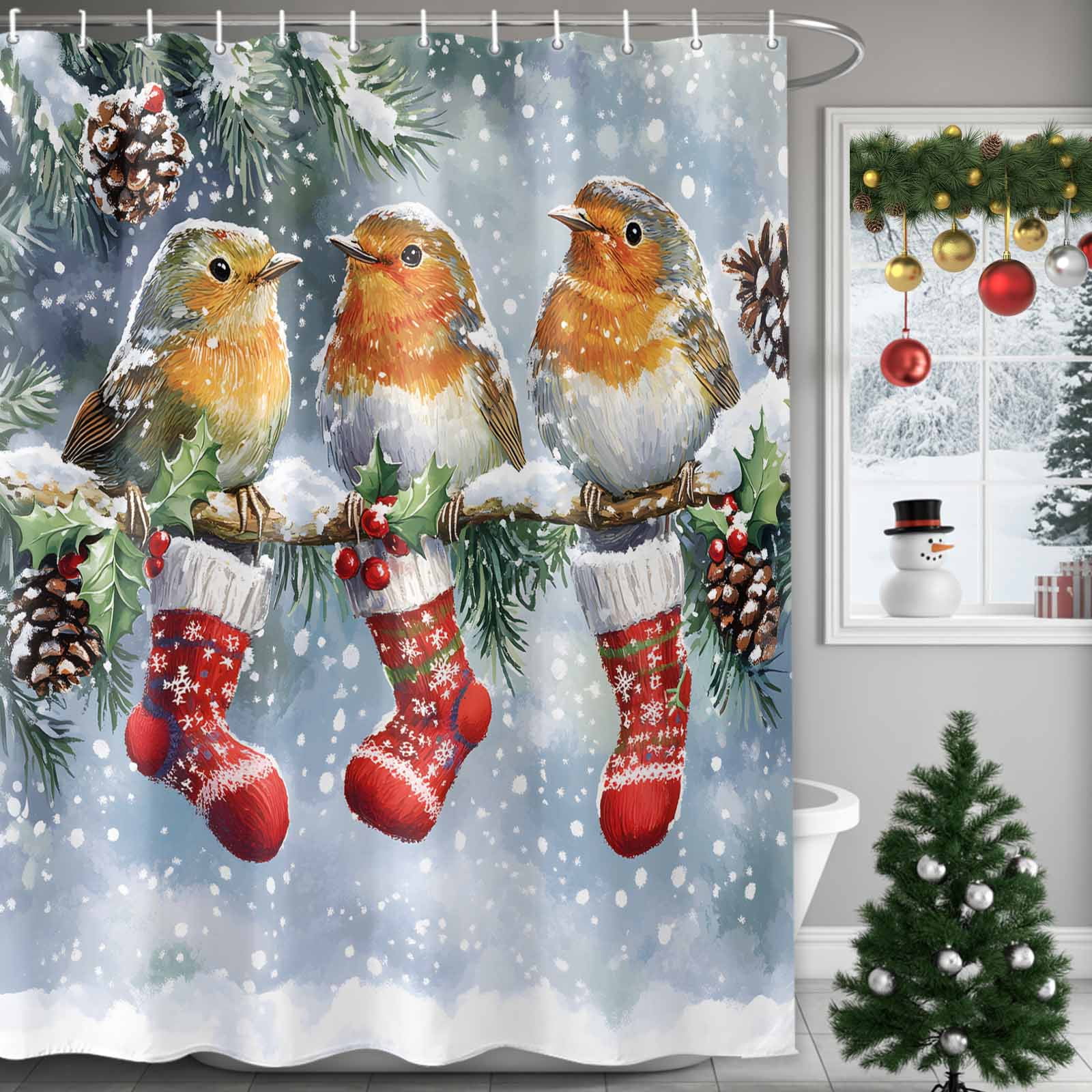 Bird Christmas Stocking Winter Snow Scene Shower Curtain for Bathroom ...