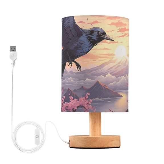 Bird Clouds Or Flowers Mountain Table Lamp USB Bedside Desk Nightstand Lamp Printed Gifts Small Lamp Wood Base for Bedroom Living Room Kids Room College Dorm