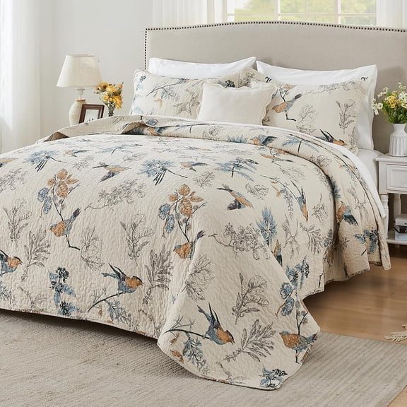 Bird Cotton Quilt Bedspread Set, 3 Piece Flying Birds Pattern Queen Coverlet, Soft Queen Quilt Bedding Set, with Pillowcases, Lightweight Summer Bed Cover 90x98 Inch