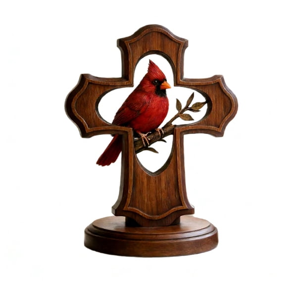 Red Cardinal Cross Necklace, Bird-Themed Religious Jewelry, Elegant Desktop Ornament for Home Office Decor, Silver-Tone Alloy Pendant with Chain