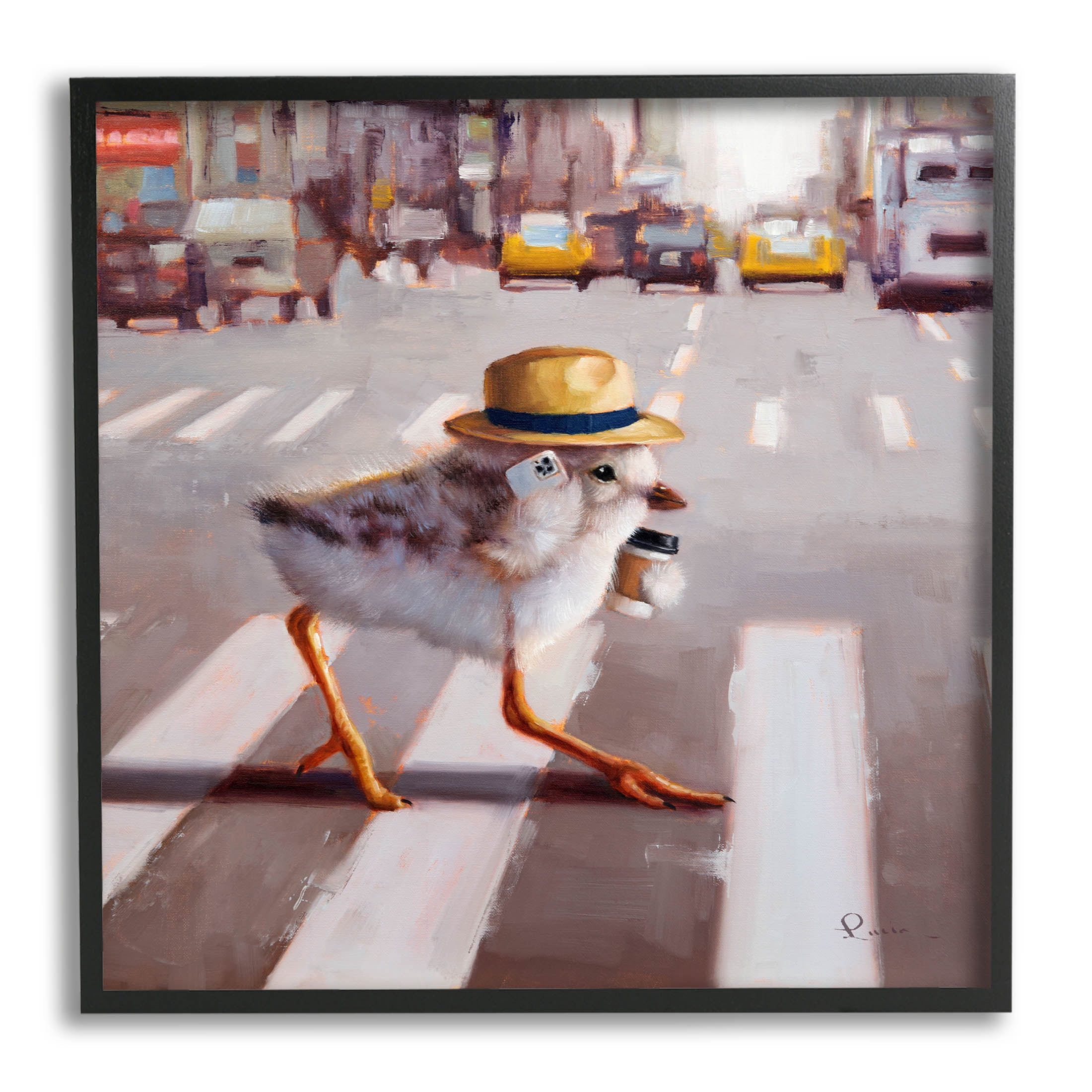 Bird Crosswalk Urban City Street Animals & Insects Painting Black Framed Art Print Wall Art