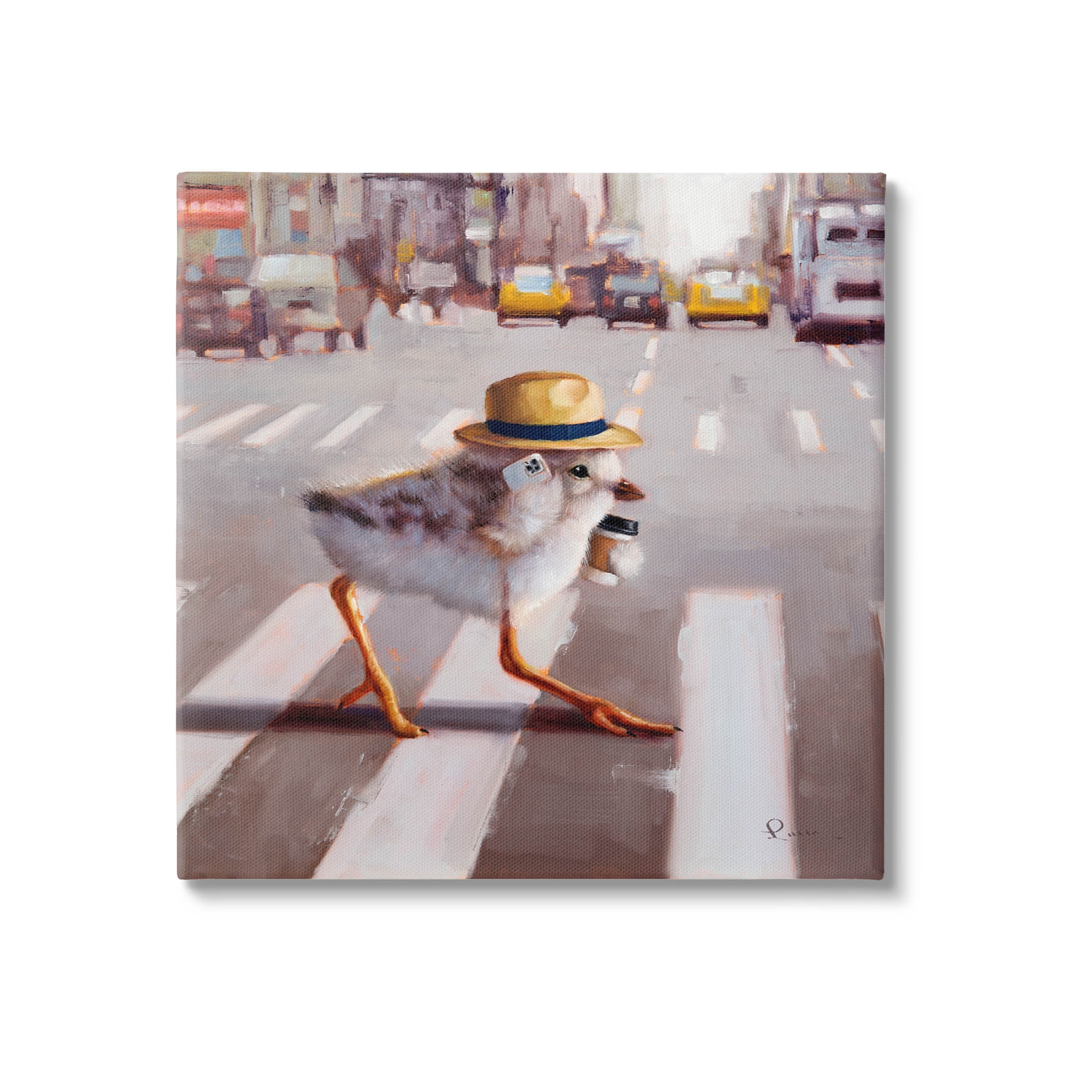 Bird Crosswalk Urban City Street Animals & Insects Painting Gallery Wrapped Canvas Print Wall Art