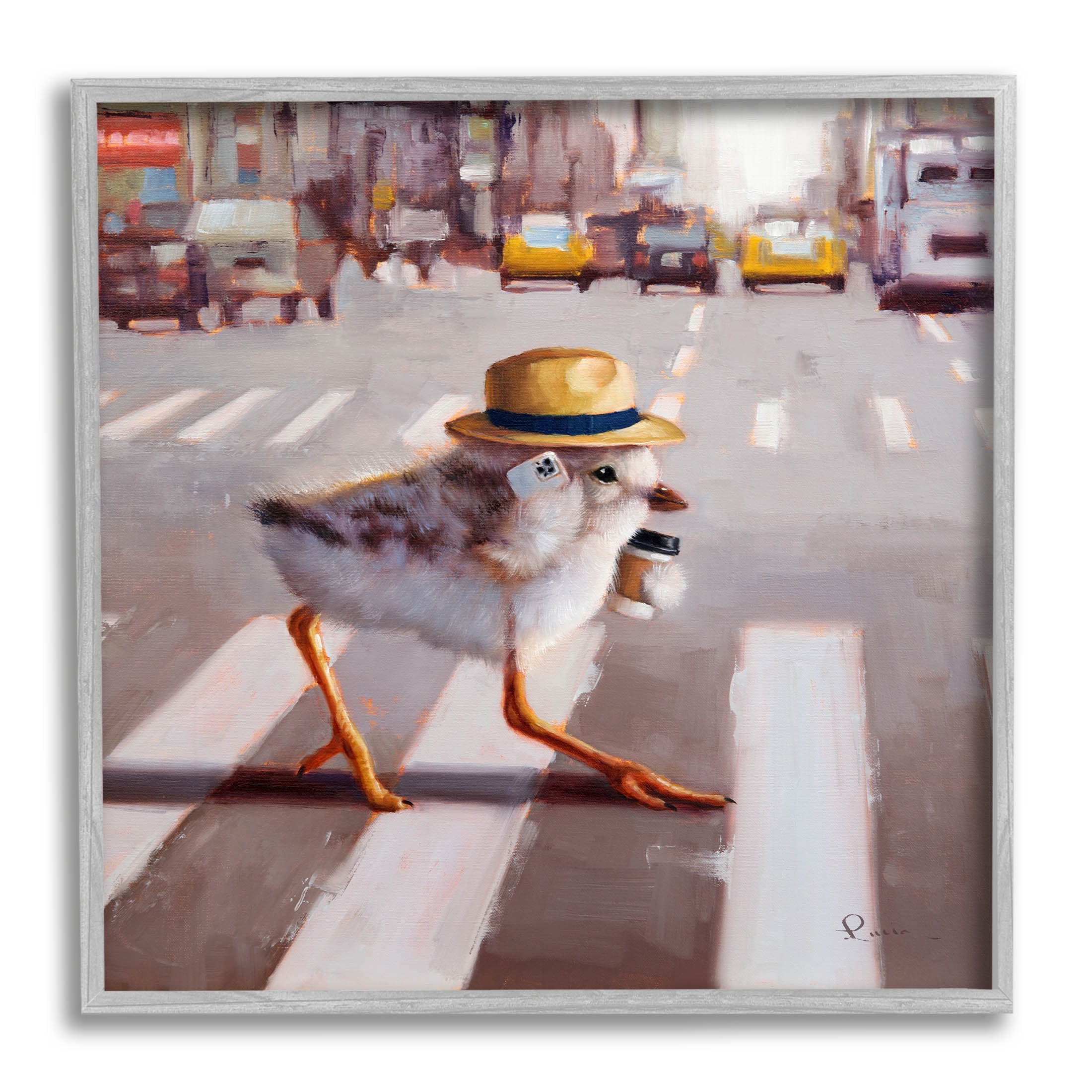 Bird Crosswalk Urban City Street Animals & Insects Painting Gray Framed Art Print Wall Art
