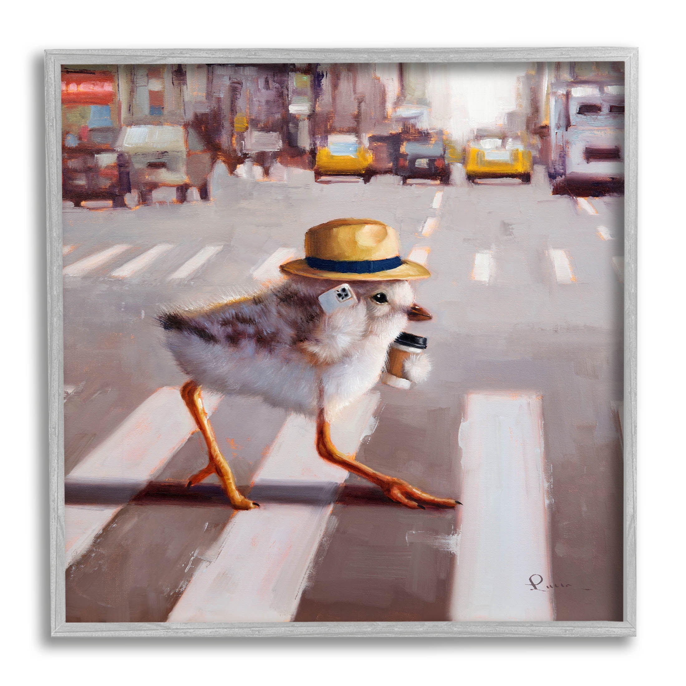 Bird Crosswalk Urban City Street Animals & Insects Painting Gray Framed Art Print Wall Art