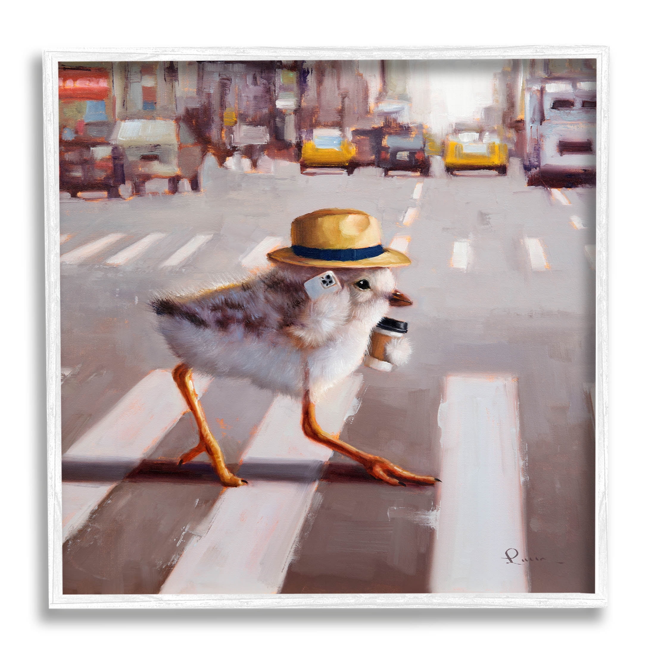 Bird Crosswalk Urban City Street Animals & Insects Painting White Framed Art Print Wall Art