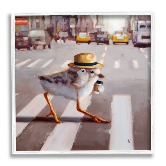 Bird Crosswalk Urban City Street Animals & Insects Painting White Framed Art Print Wall Art