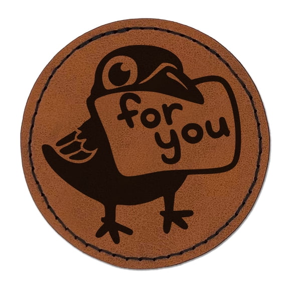 Bird Crow with For You Letter Raven Round Iron-On Engraved Faux Leather Patch Applique - 2.5 Inch - Brown
