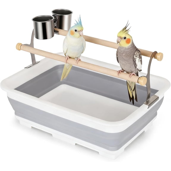 Bird Desktop Shower Perch with Bucket, Training Stand with Collapsible Plastic Tray Two Perches Double Feeder Cups, Table Bath Perches for Small to Medium Sized Parakeet Cockatiel Conure Budgies