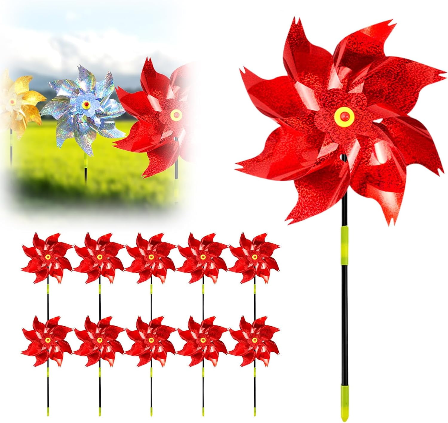 Bird Deterrents for Outside,10 Pack Reflective Pinwheels for Yard and ...